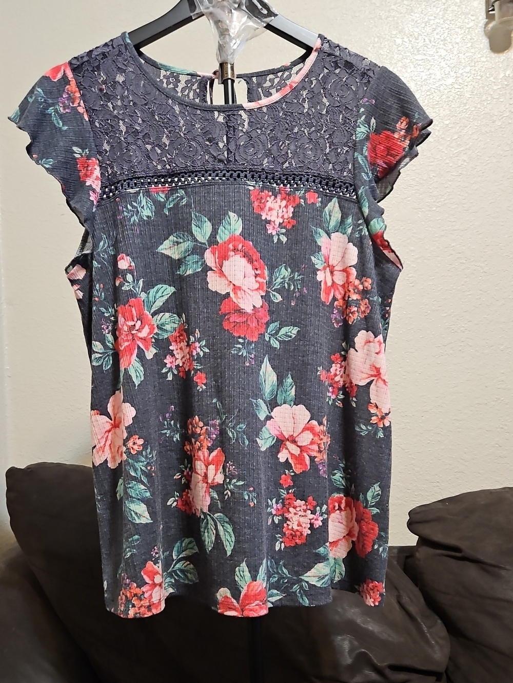 torrid Navy Floral Lace Yoke Top with Pink & Coral Blooms
